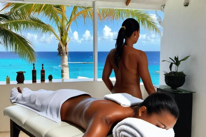 client prepared for a massage laying on table with female masseuse in st martin