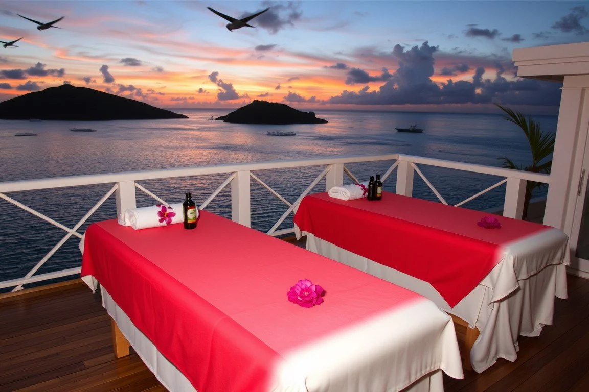 two massage tables draped in red and white for a couple sunset massage with sun setting in background